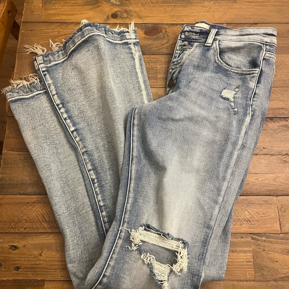 Altar'd State Blue Boyfriend Jeans with Distressing and Vintage Wash